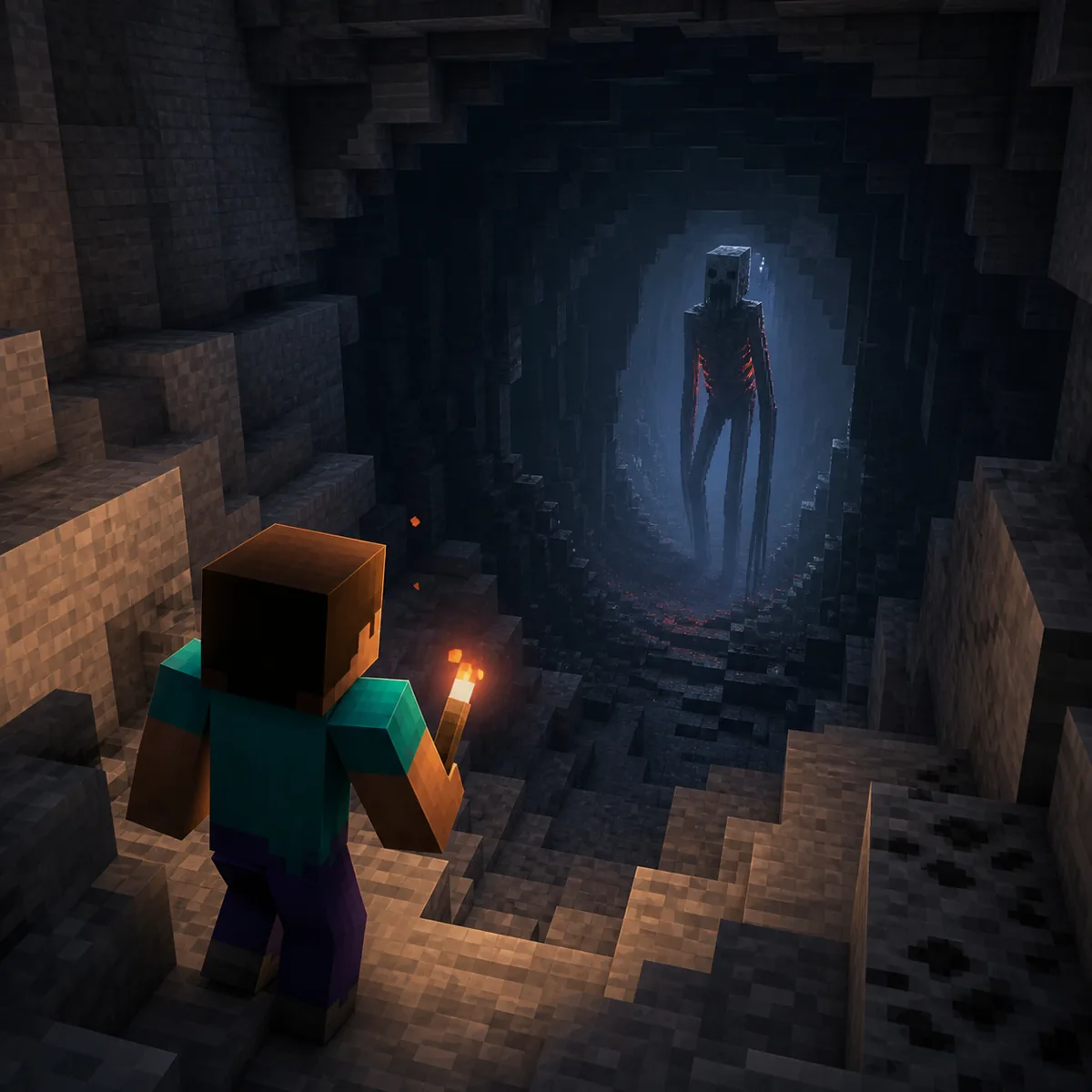 Illustrazione editoriale di un giocatore Minecraft che osserva una creatura Cave Dweller Reimagined in una grotta