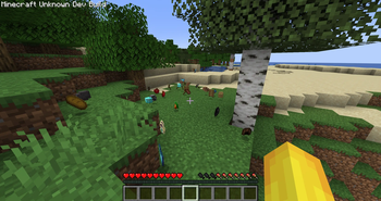 Offizieller Modrinth-Galerie-Screenshot von Cosmic Horror mit einer veränderten Minecraft-Landschaft
