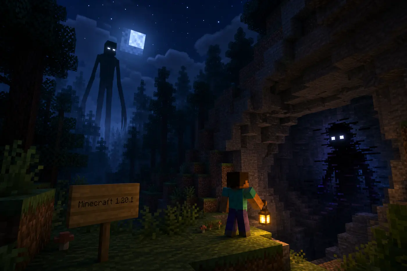 Konzeptionelle redaktionelle Illustration eines Minecraft-Java-1.20.1-Horror-Mod-Guides mit Wald, Höhle, Laterne und Kreaturen