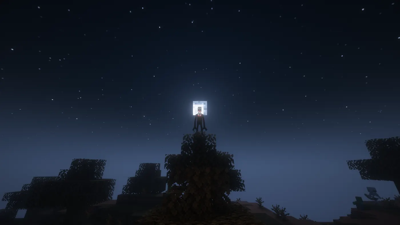Offizielles Modrinth-Projektbild von The Man From The Fog, der nachts von einem Baum aus beobachtet
