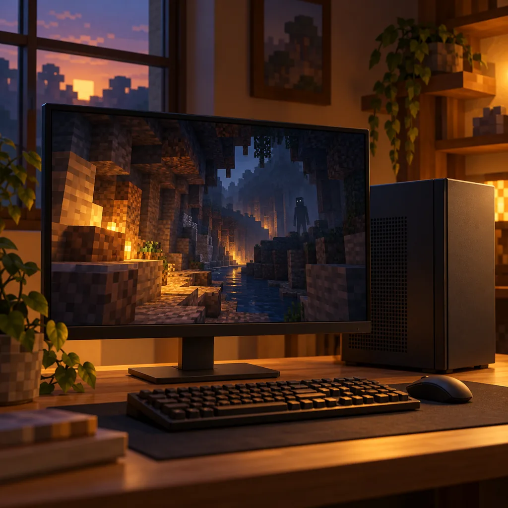 Ilustración editorial de un ordenador modesto ejecutando una escena de terror voxel