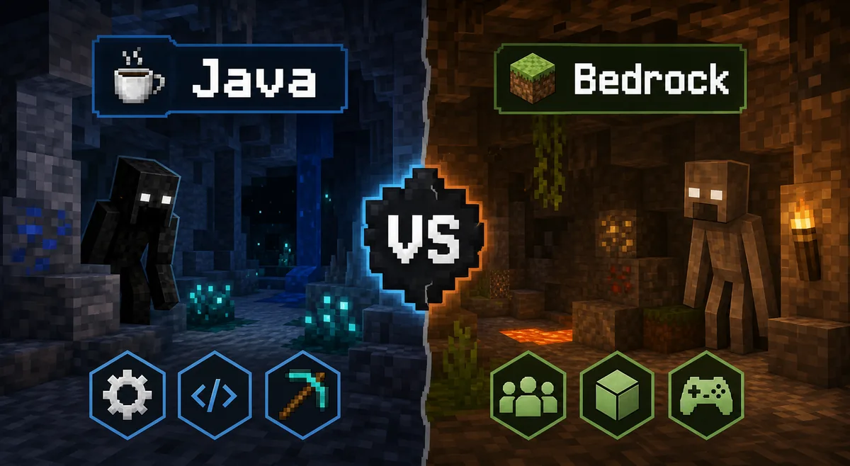Editorial comparison showing Java dweller mods and Bedrock dweller add-ons as separate install paths
