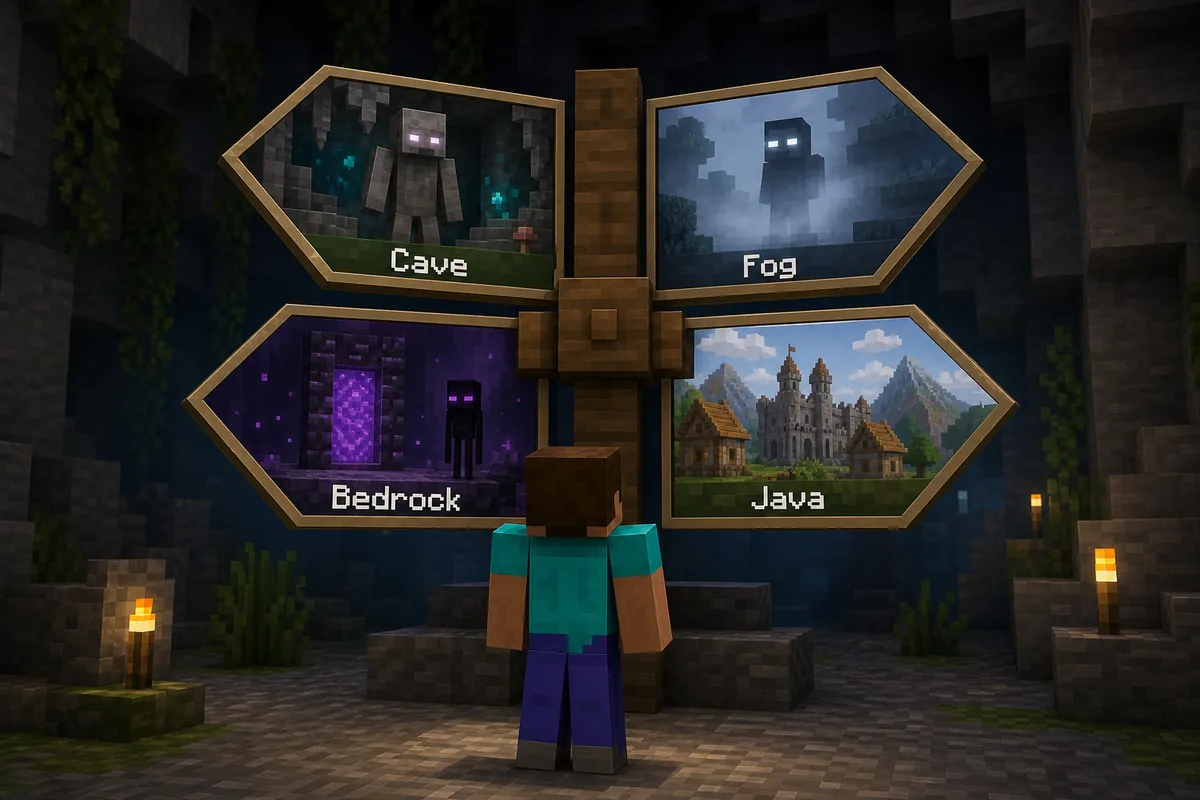 Editorial illustration of a Minecraft player choosing between cave, fog, Bedrock, and Java dweller mod paths