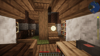 Official Modrinth gallery screenshot from Horrorland With Verity showing a furnished Minecraft interior and a smiling horror entity