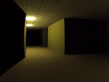 Official Modrinth gallery screenshot from Into the Backrooms showing a dim yellow corridor used as a horror exploration setting