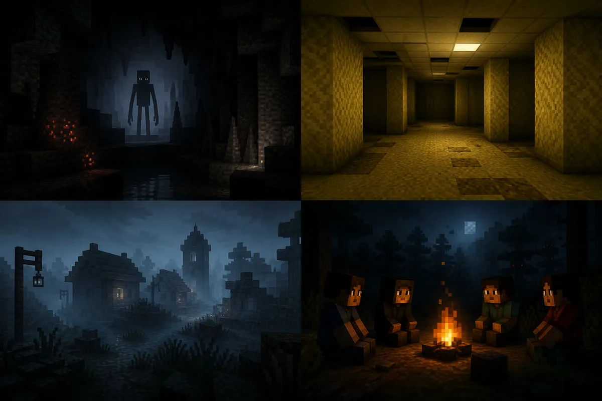 Conceptual editorial illustration comparing cave, backrooms, foggy village, and multiplayer campfire horror moods in a voxel sandbox world