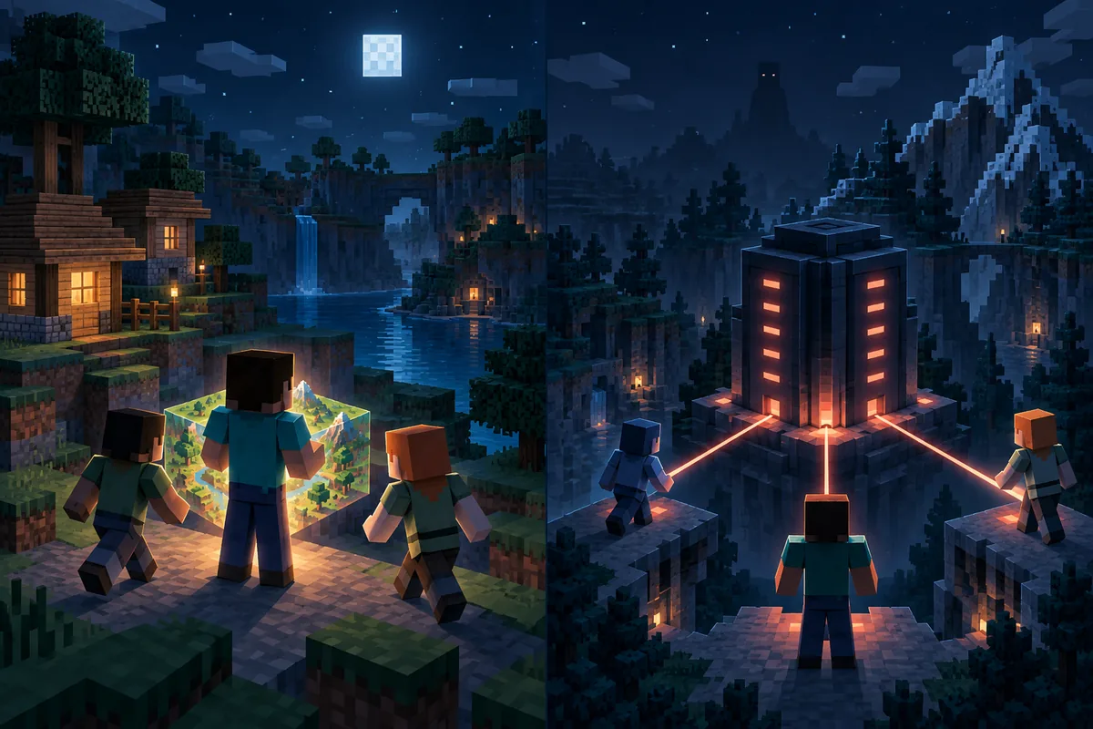 Bedrock 월드와 Java 서버에서 Verity를 함께 플레이하는 Minecraft 스타일 멀티플레이 편집 콘셉트